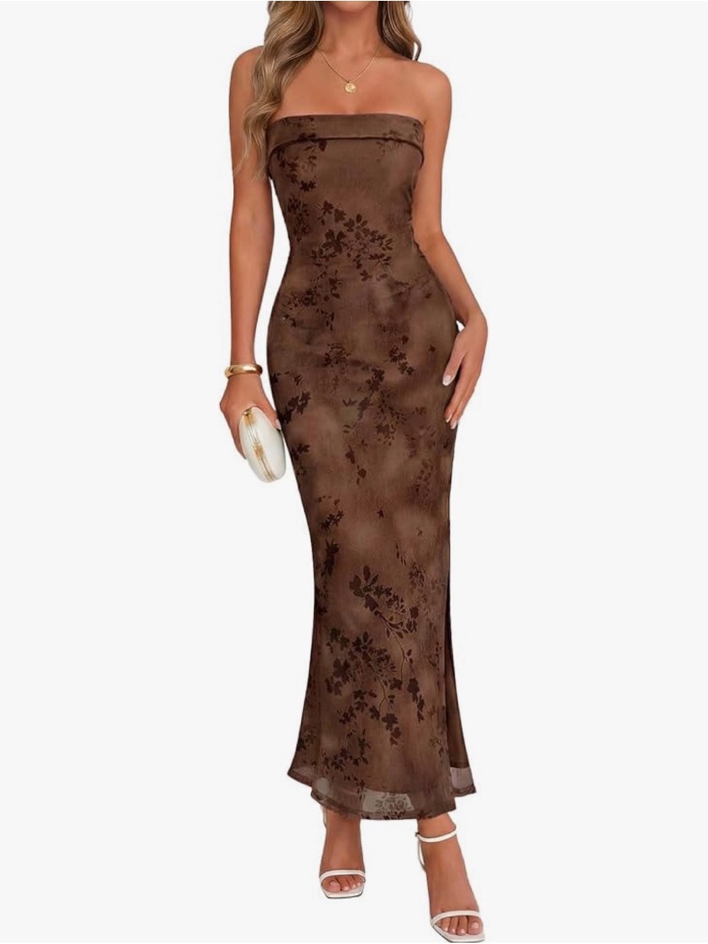 Strapless Brown Floral Maxi Dress
